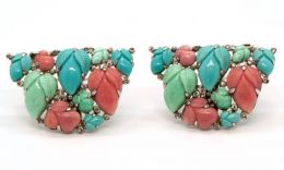 Trifari pressed glass dress clips turquoise coral and mint green colour