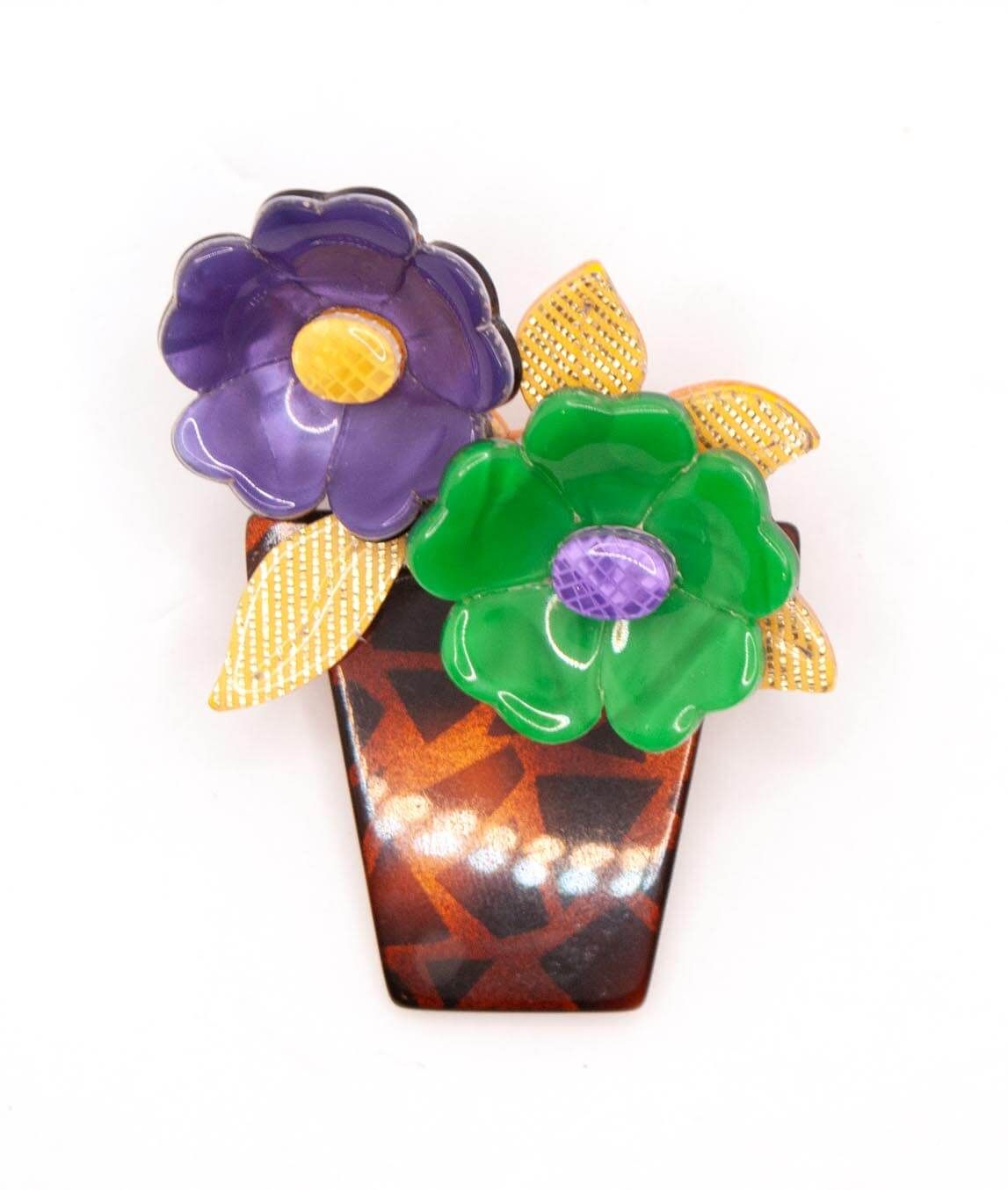 Léa Stein Purple and Green Flower Pot Brooch Gadelles Vintage