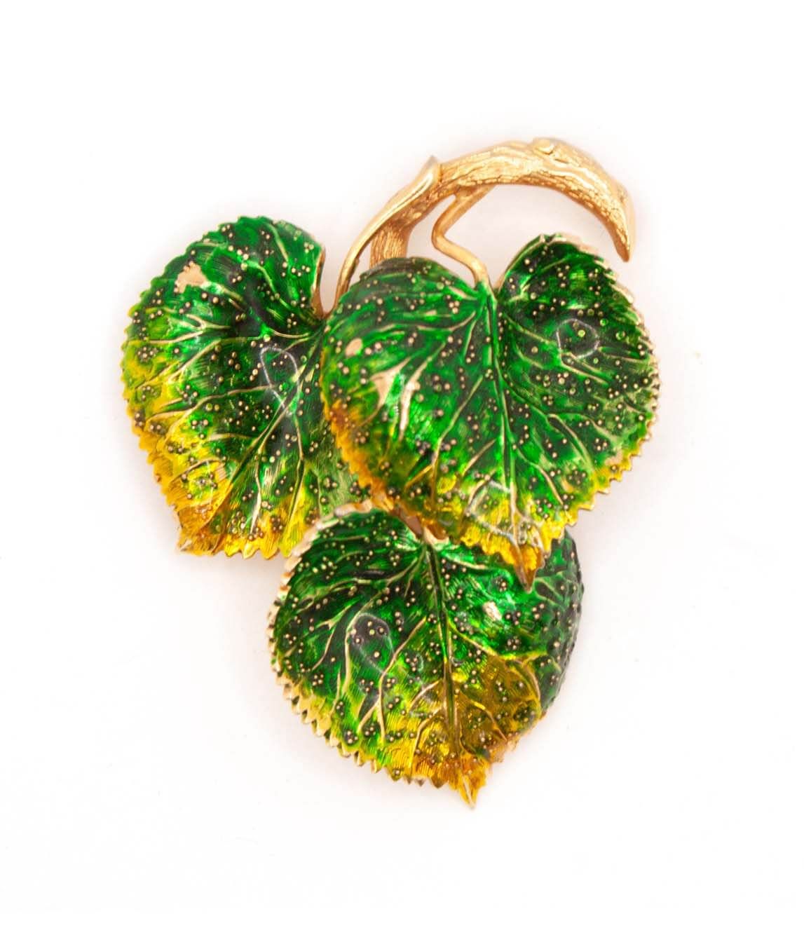 Grossé three leaf brooch green and yellow enamel