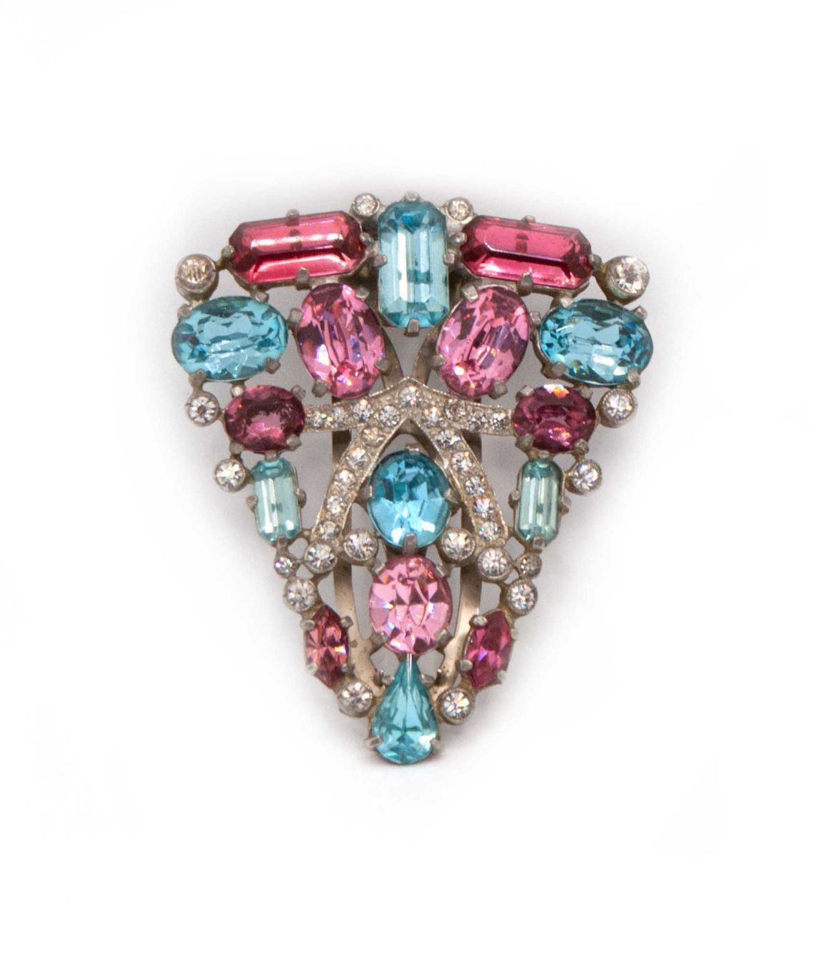 Large shield shaped fur clip by Eisenberg Original set with large pink and blue paste gems