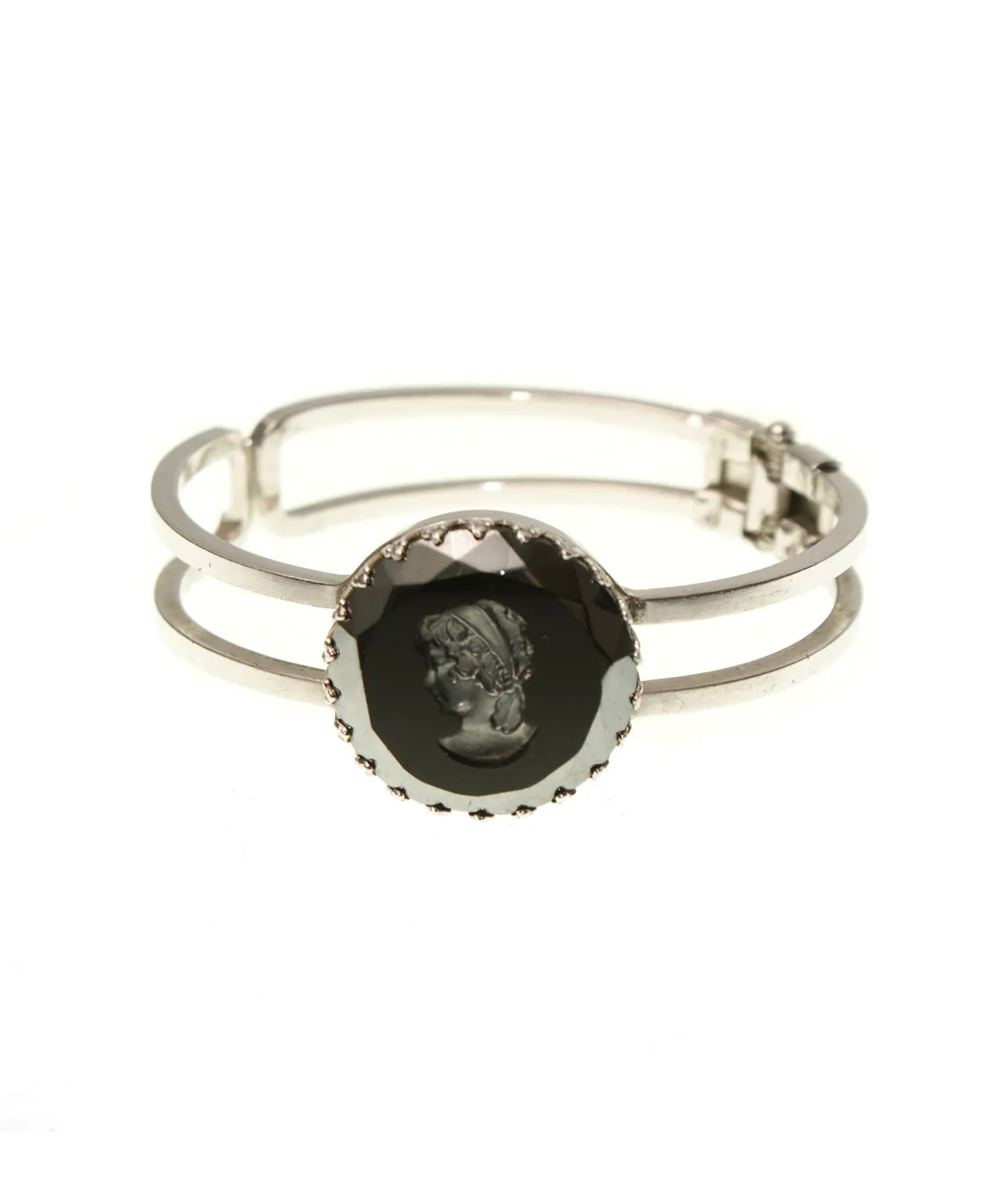 Silver hinged bangle with a black cameo