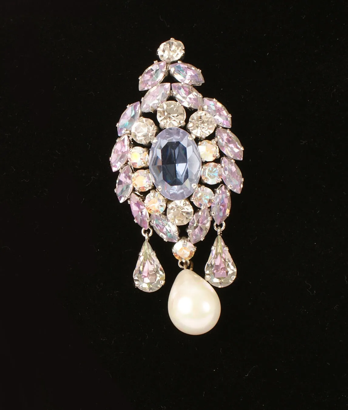 Vintage Dior crystal and pearl brooch on black