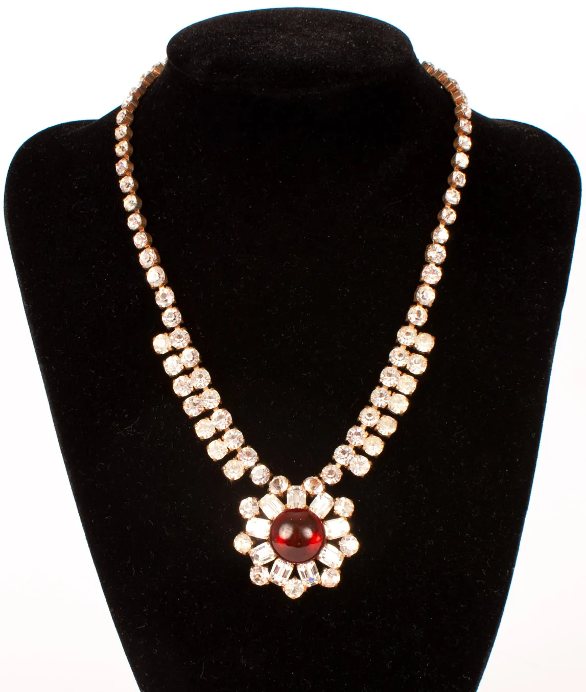 Ruby pendant and crystal mid-century Schoffel necklace