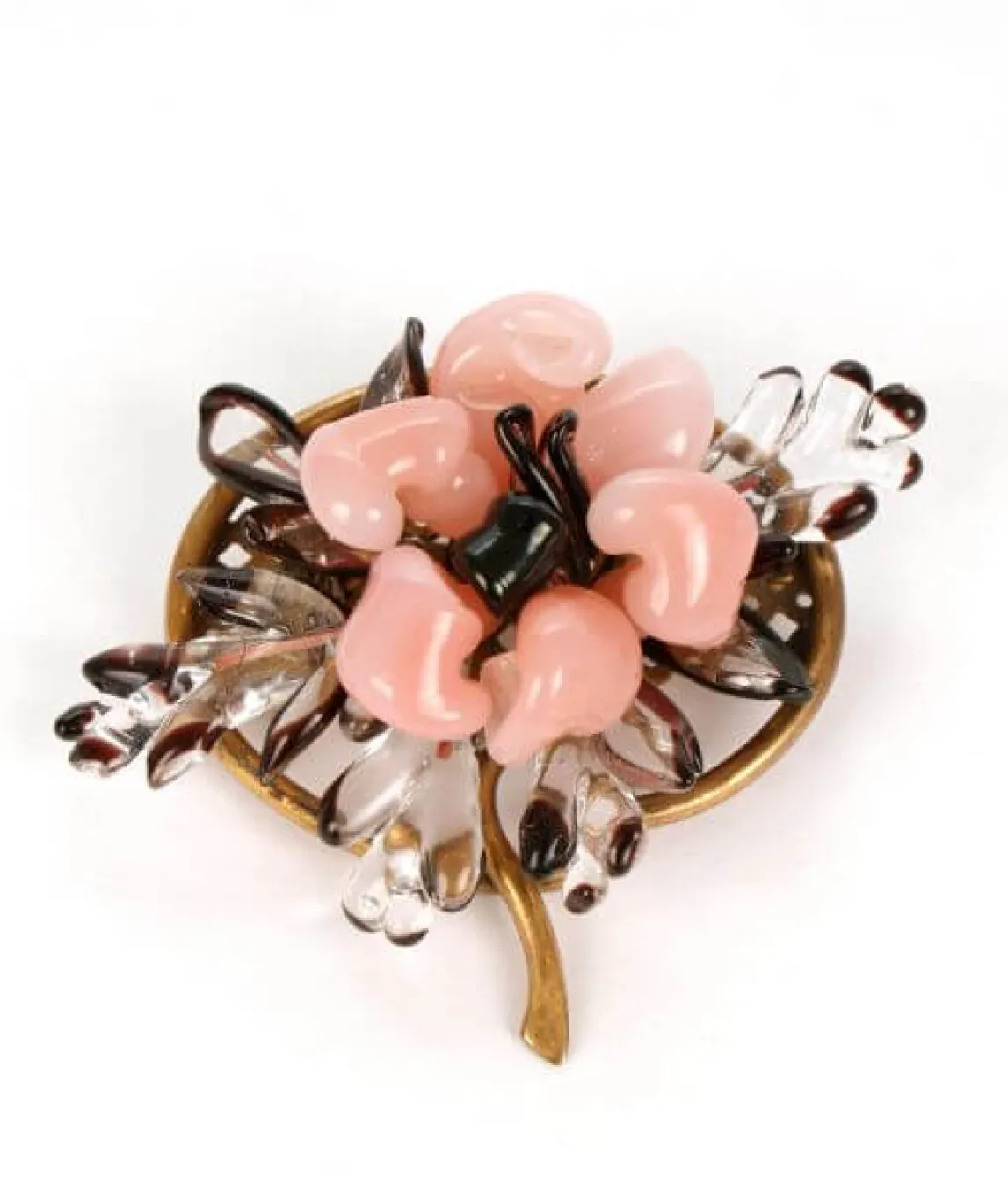 Pink poured glass brooch on a golden frame