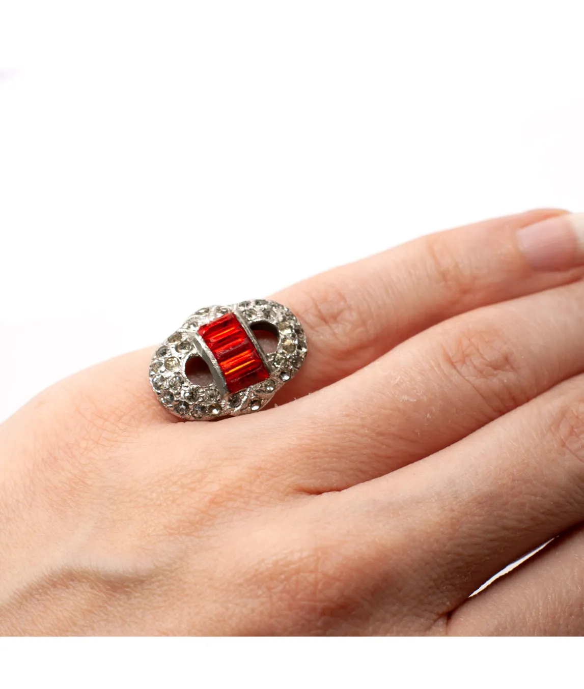 Art Deco dress ring red and silver