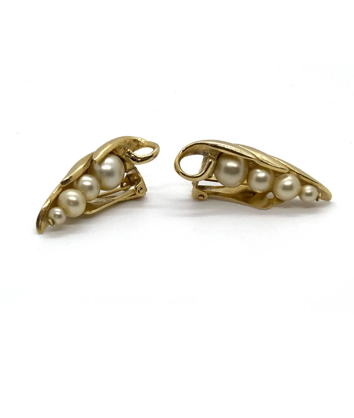 Gold plated and faux pearl pea pod shaped earrings by Ledo