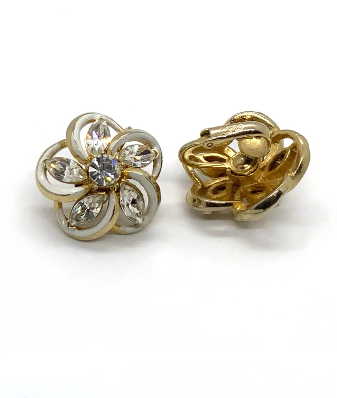 White enamel rhinestone flower earrings by Coro