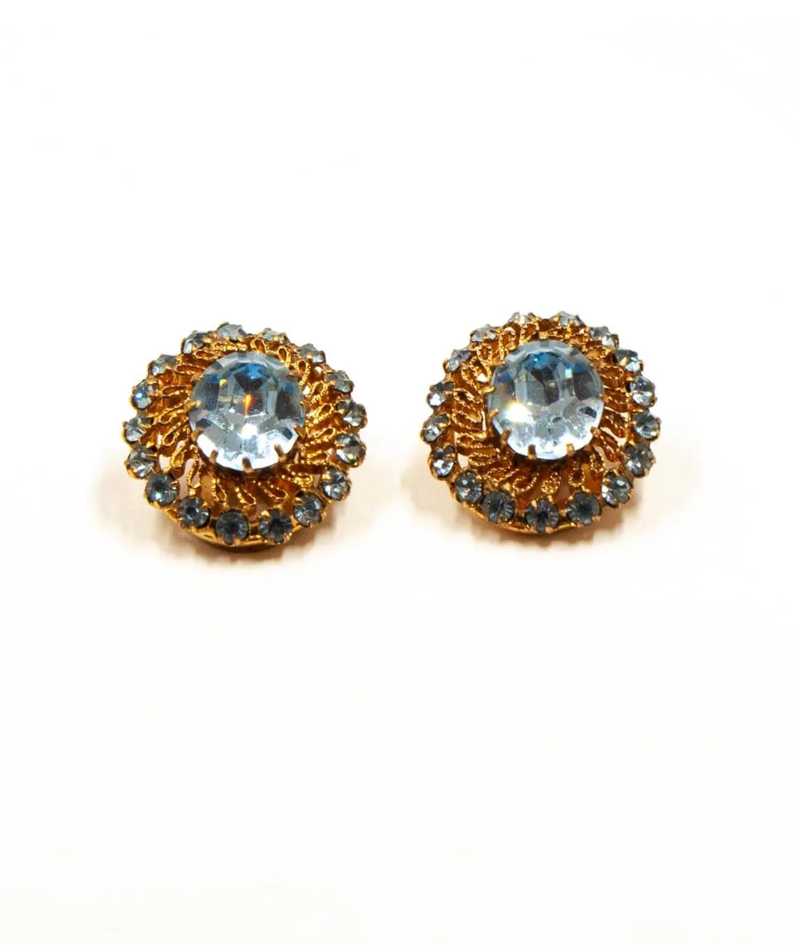 Vintage blue crystal and brass filigree earrings