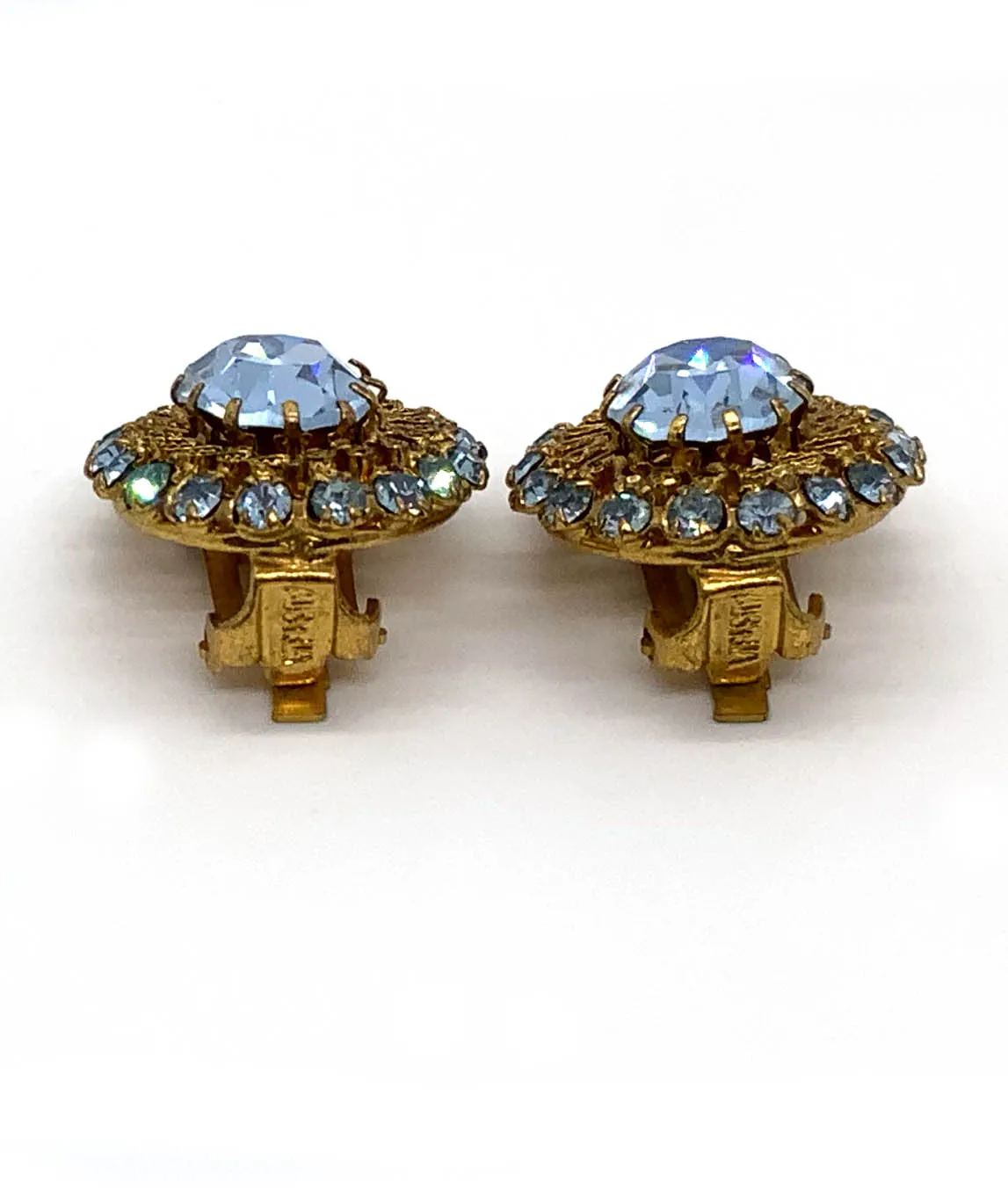 Vintage brass and crystal blue earrings signed Austria