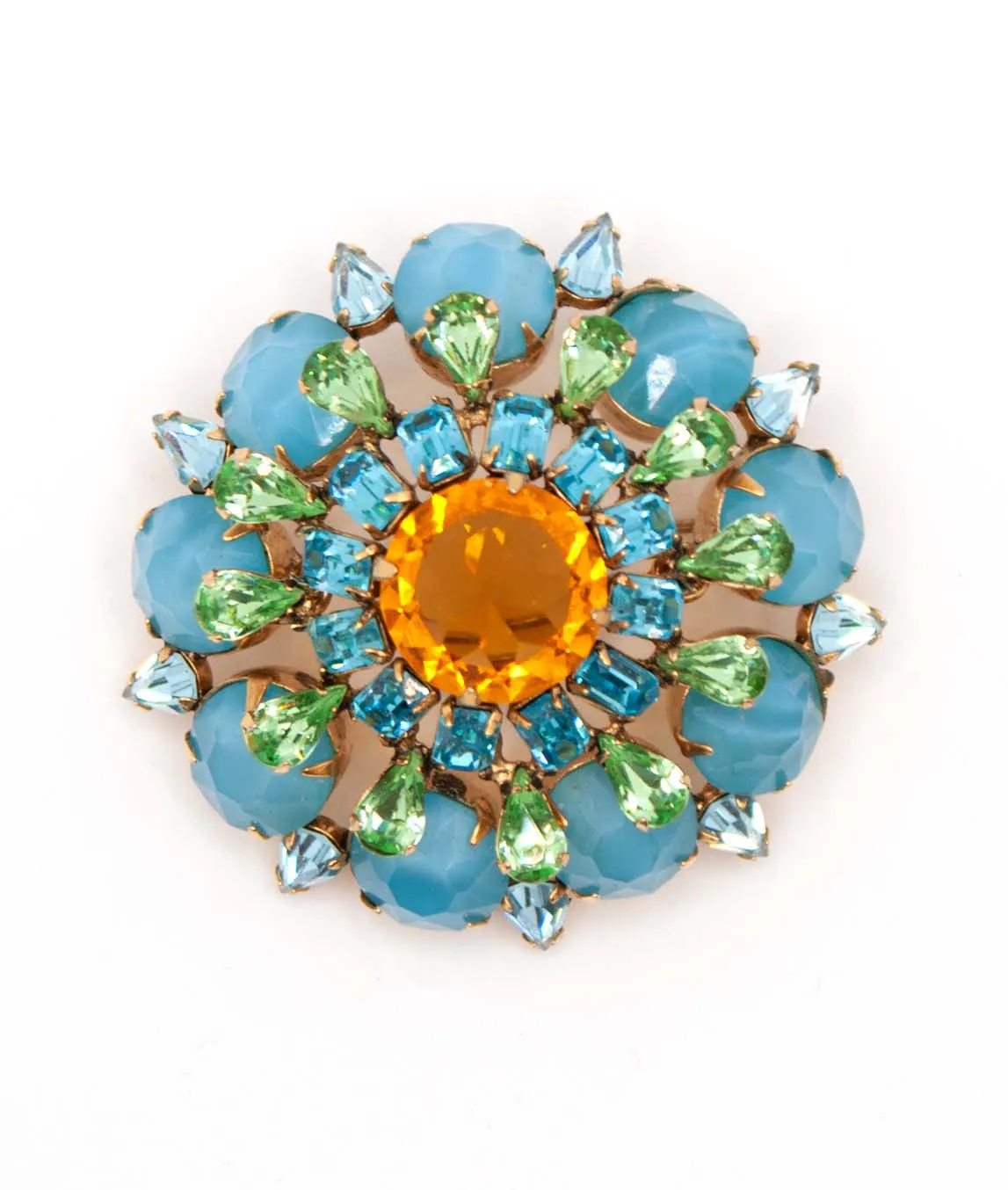 Vintage Schreiner brooch in blue and orange