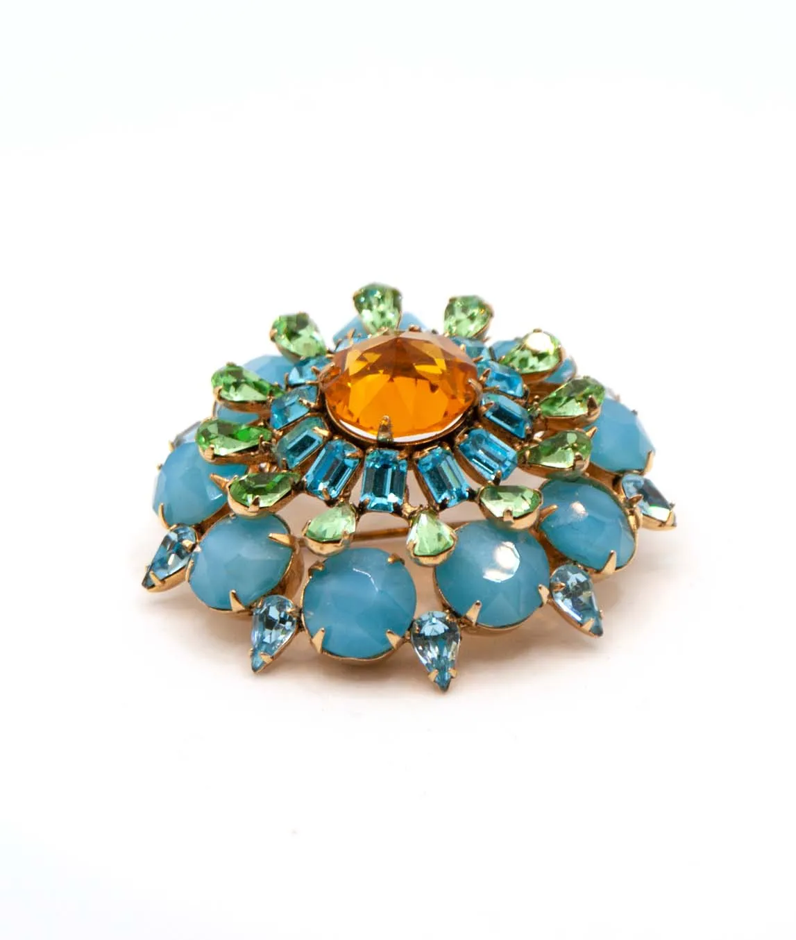 Vintage Schreiner brooch in blue and orange