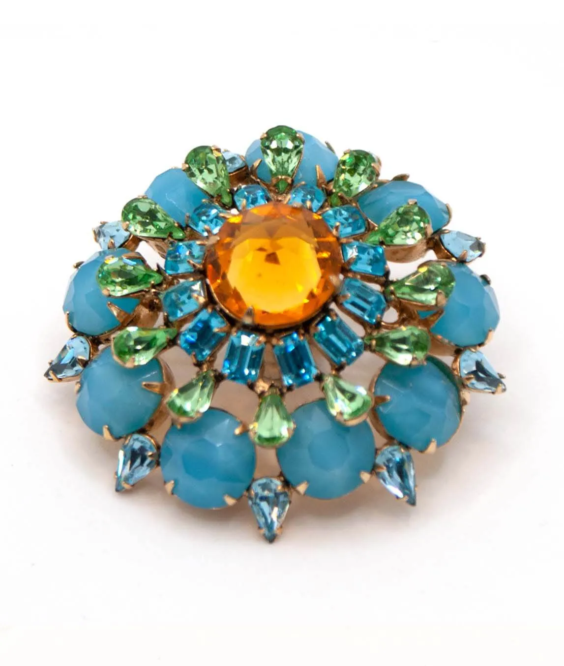 Vintage Schreiner brooch in blue and orange