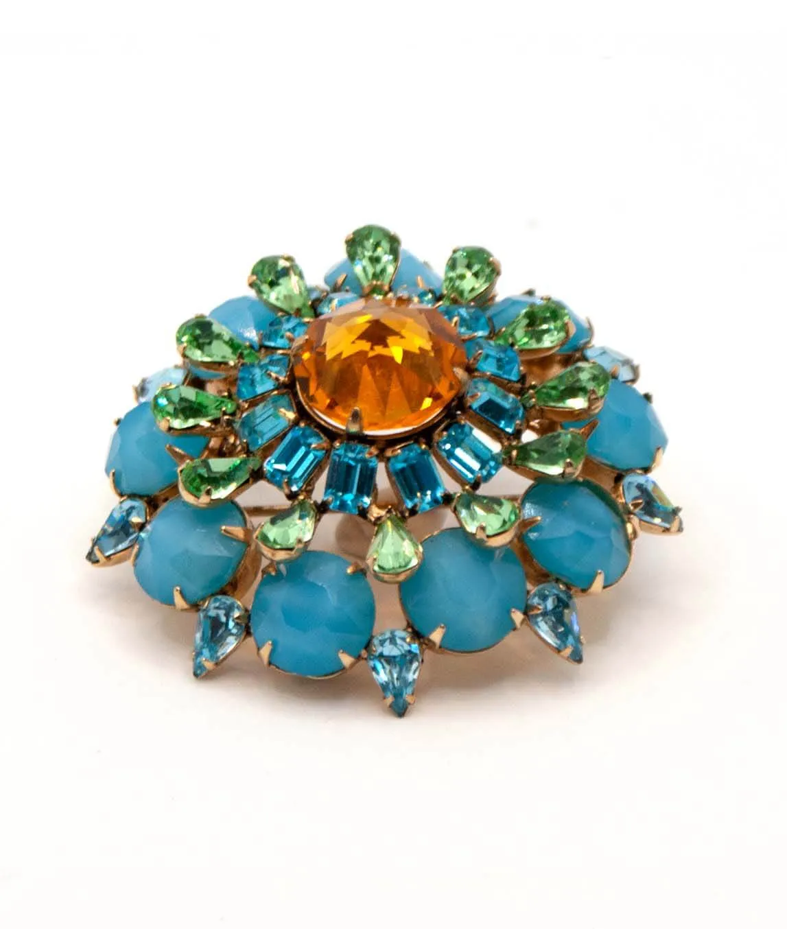 Vintage Schreiner brooch in blue and orange with green accents