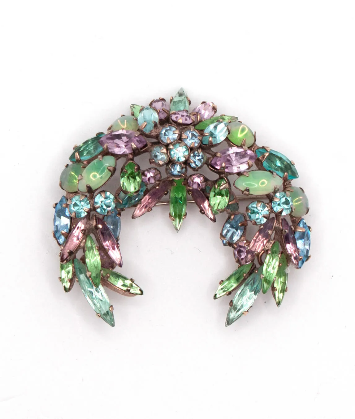 Schreiner vintage crescent brooch green purple and blue