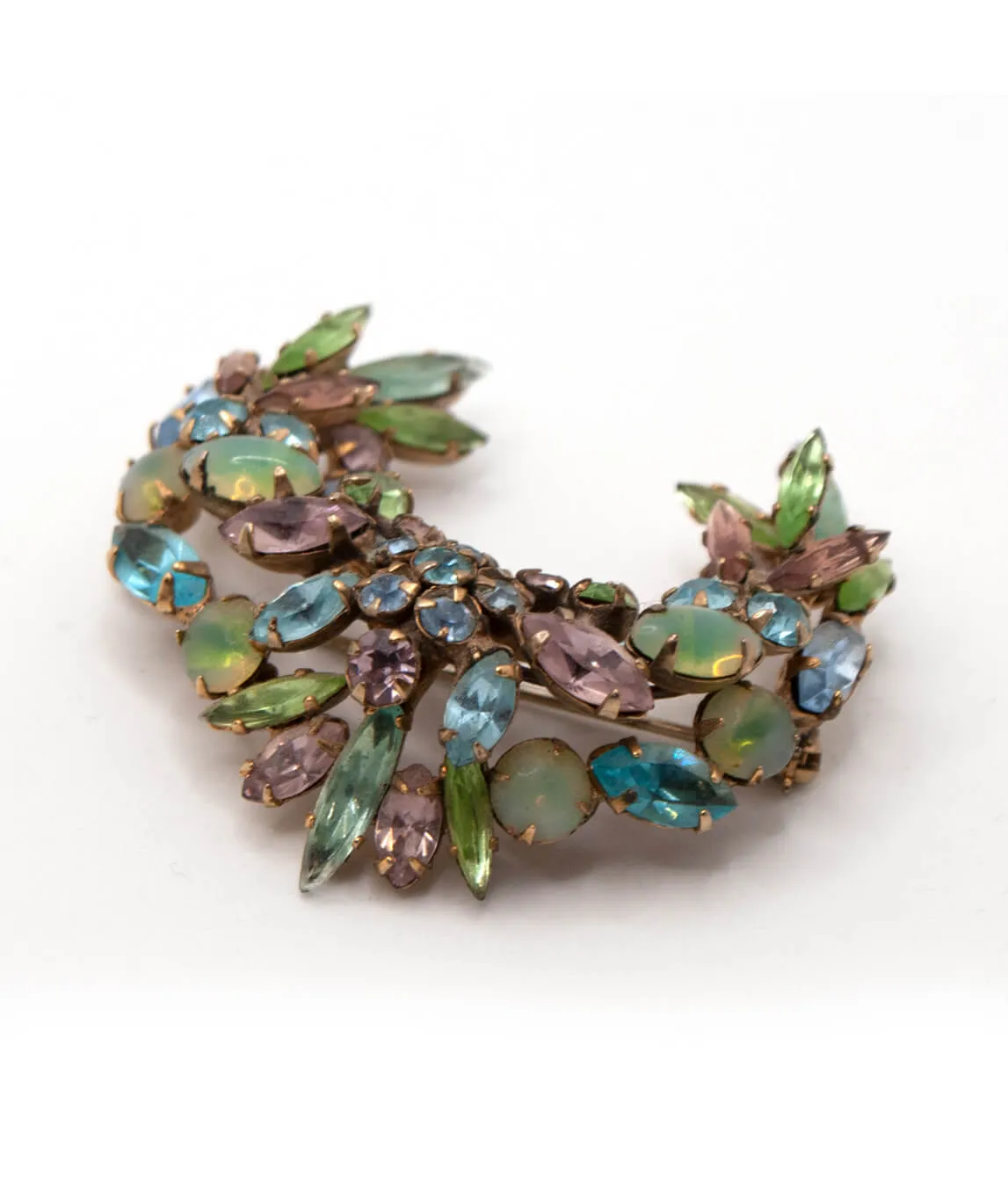 Vintage Schreiner brooch front view blue and green 1960s