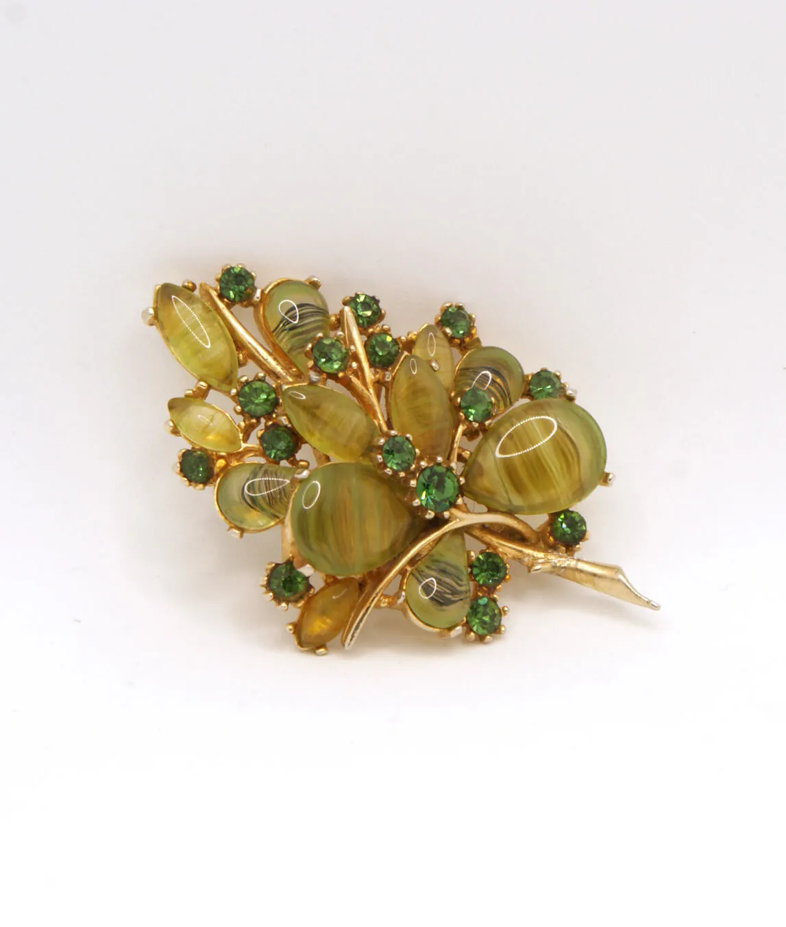 Vintage ART tree brooch with green glass stones