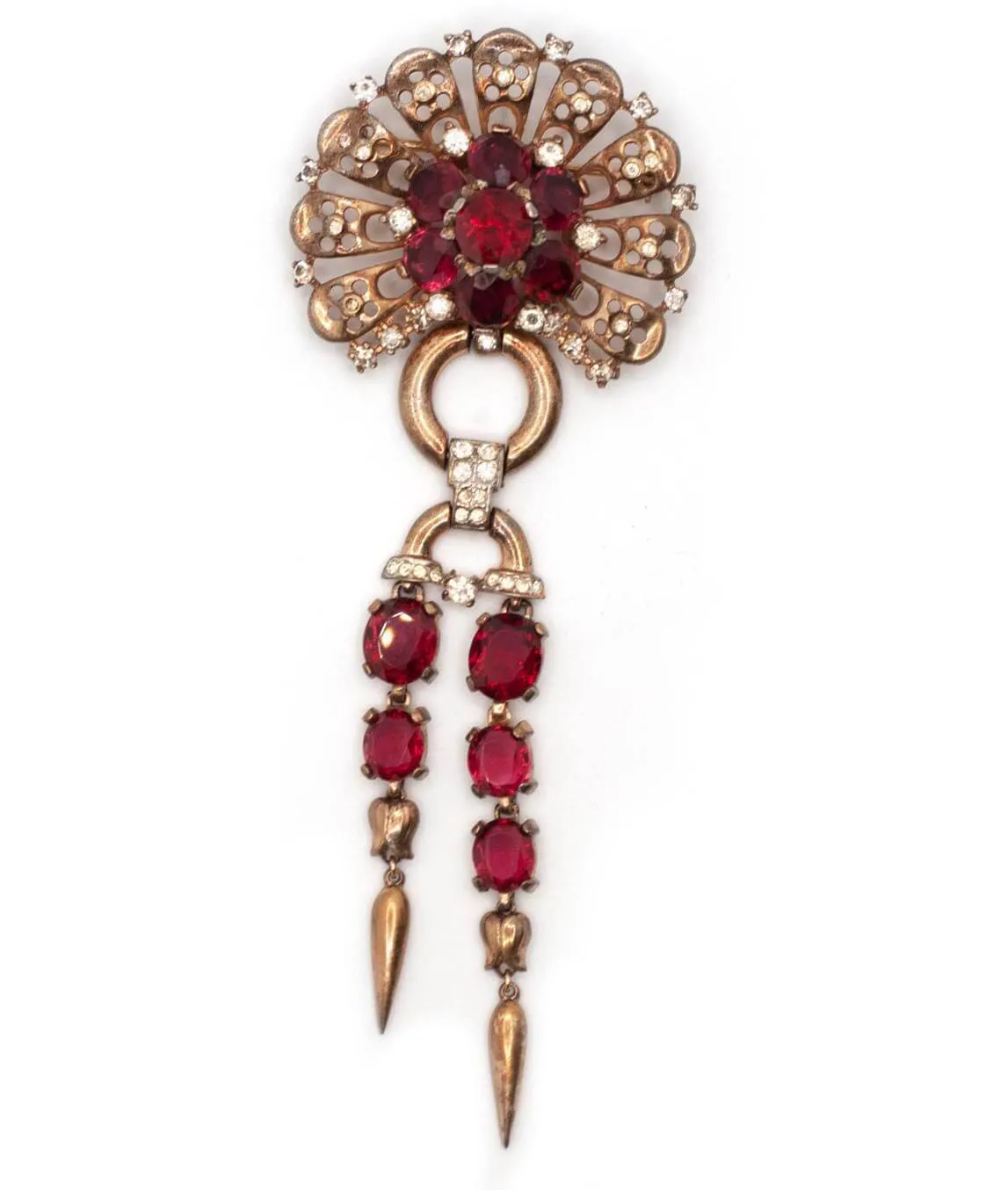 Trifari Sterling dangle brooch with red crystals