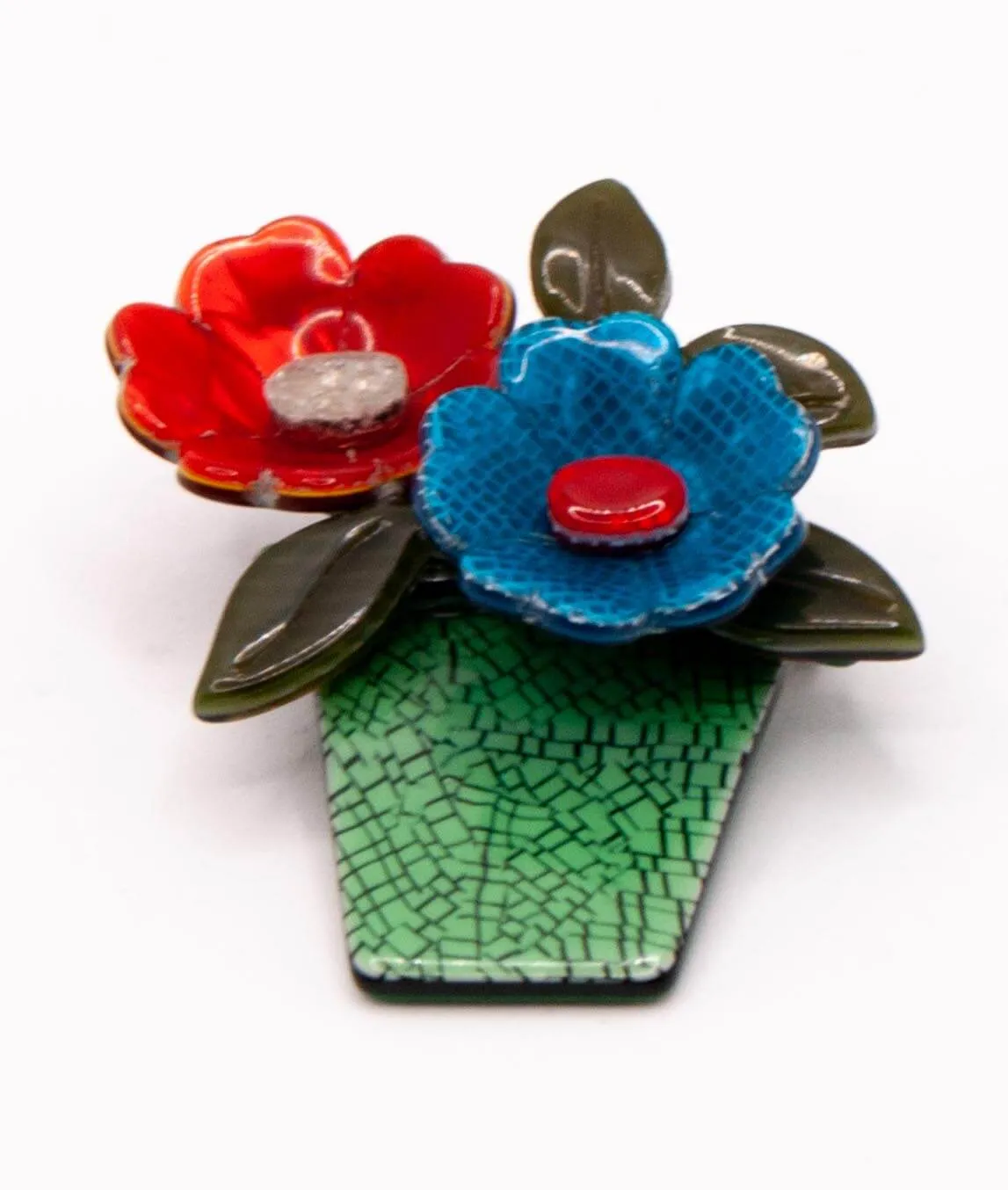 Vintage Léa Stein Flower Pot Brooch red blue and green