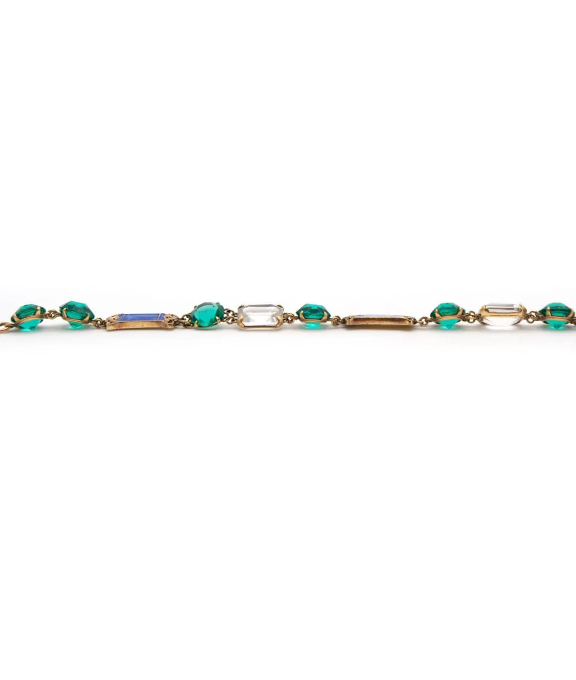 1930s plated bracelet with green and clear paste stones