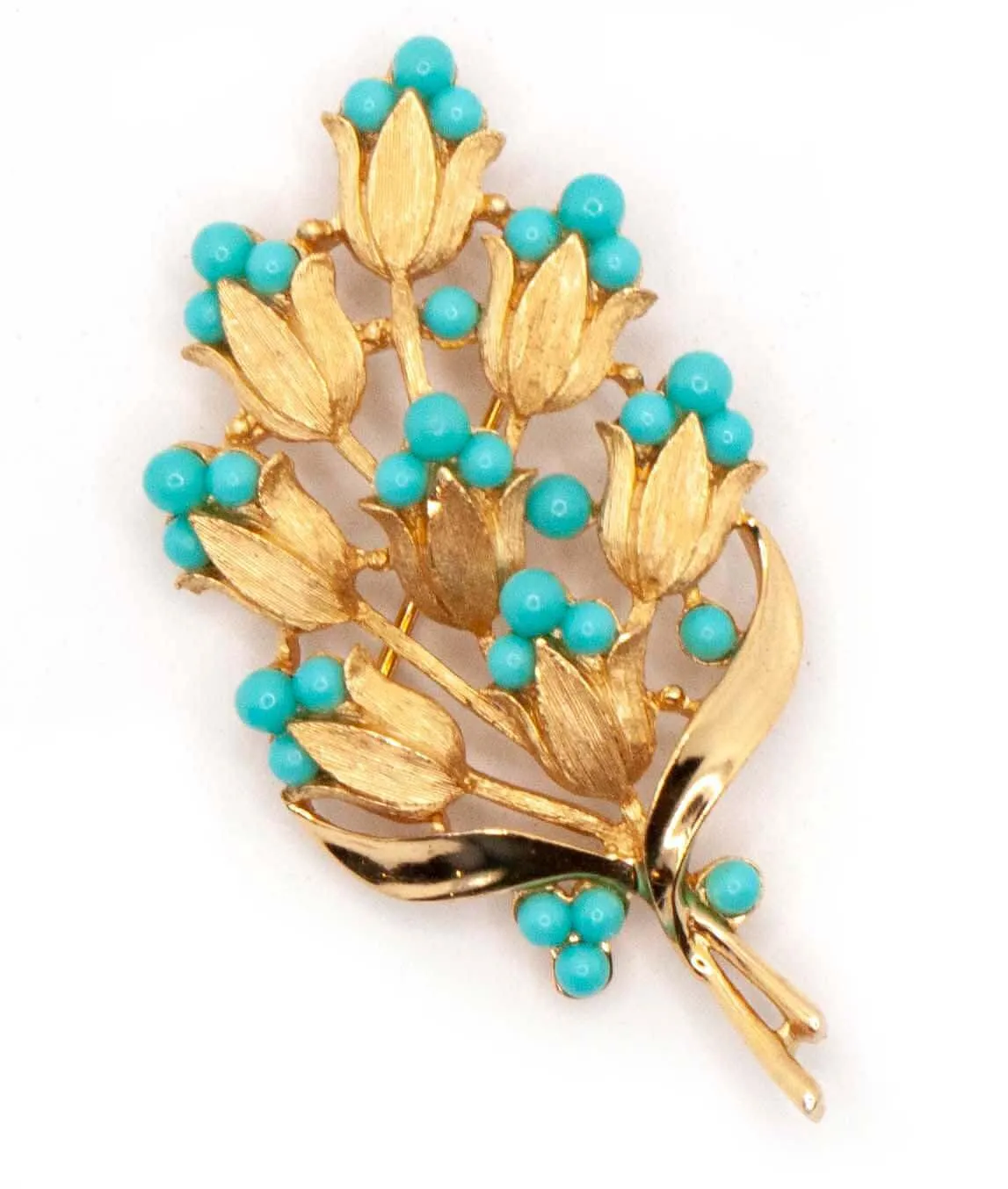 Vintage Trifari floral brooch in gold tone with turquoise beads