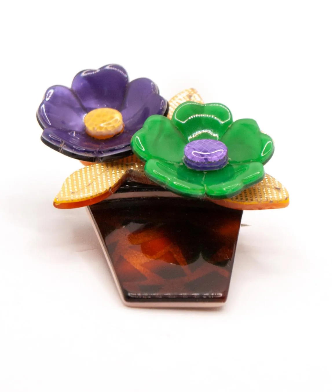 Vintage Léa Stein purple, yellow and green Flower Pot Brooch