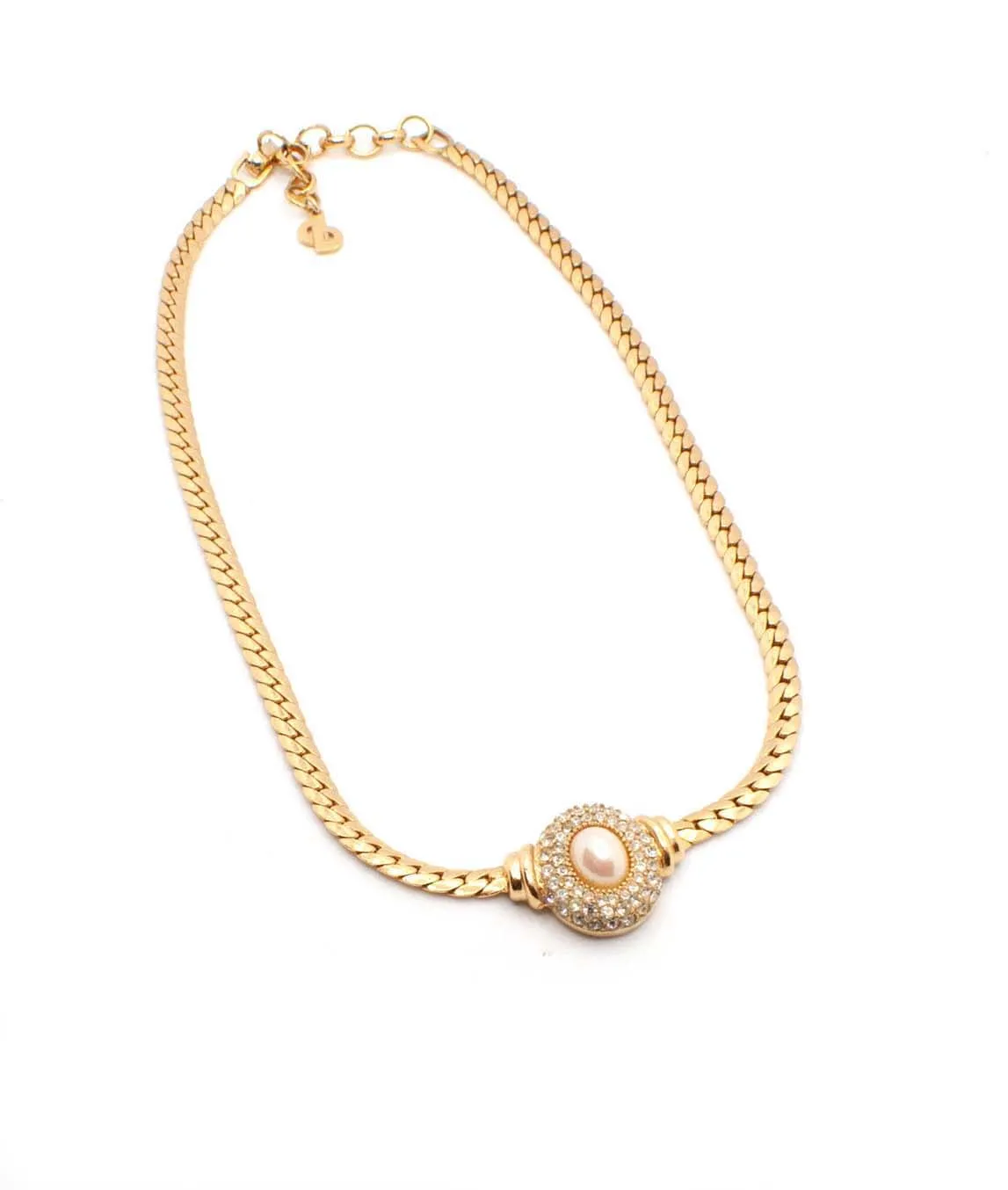 Christian Dior flat chain necklace with rhinestones and iridescent pearl
