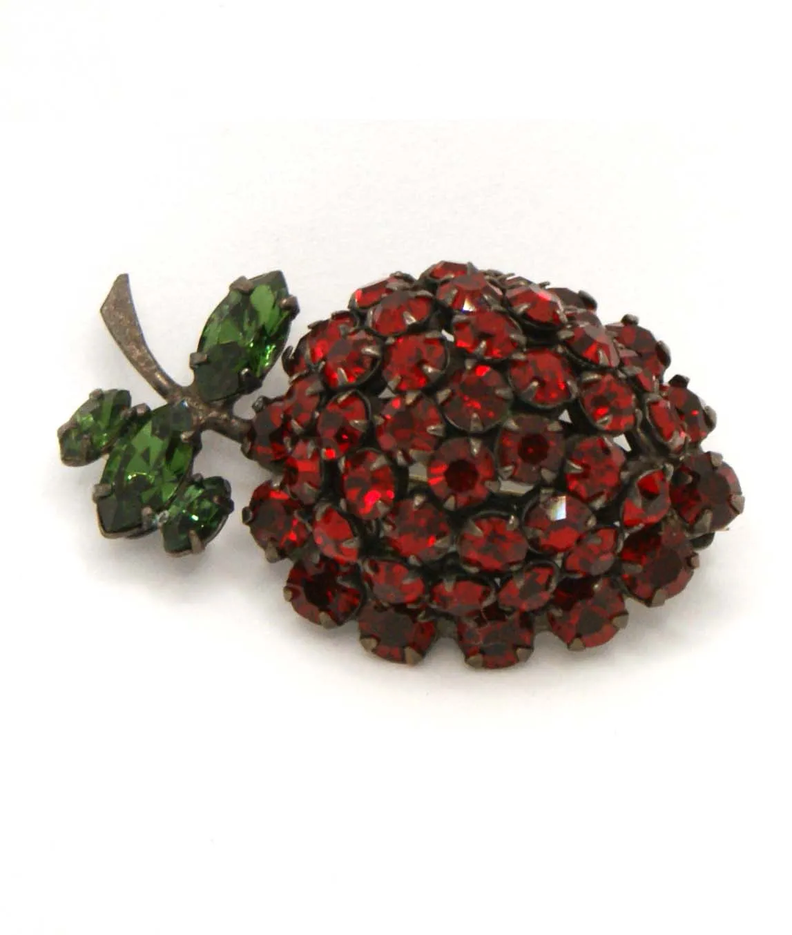 Shreiner red strawberry brooch with green leaves top profile view