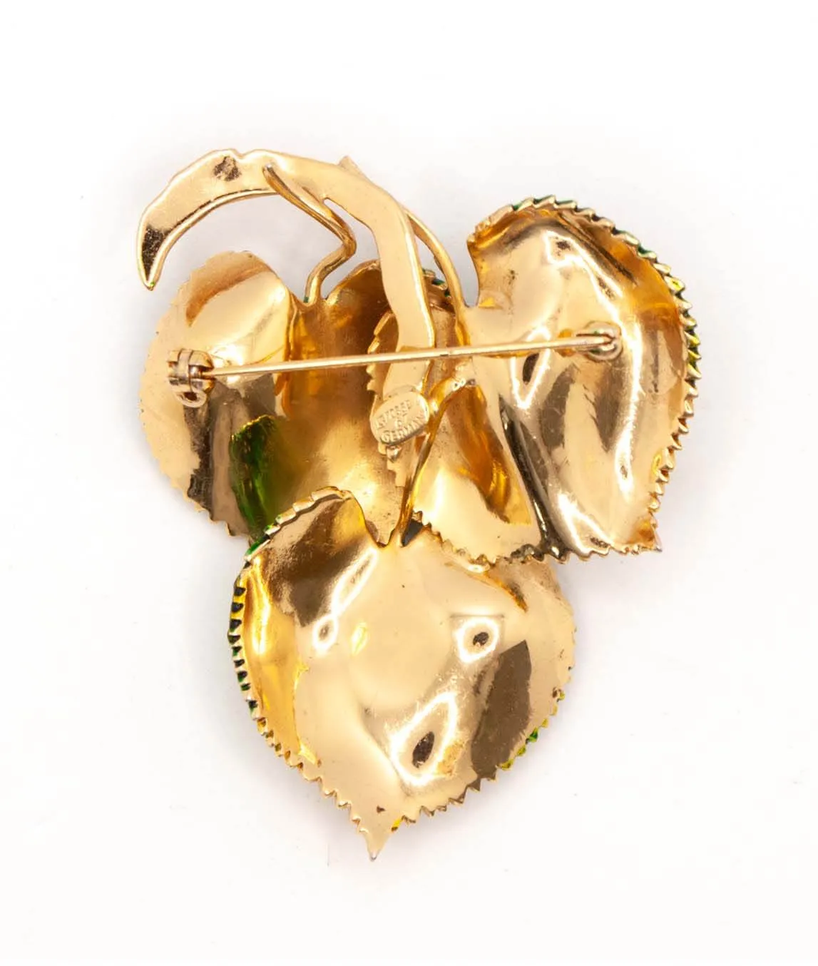 Grossé three leaf brooch reverse view of gold plating in good condition with roll clasp