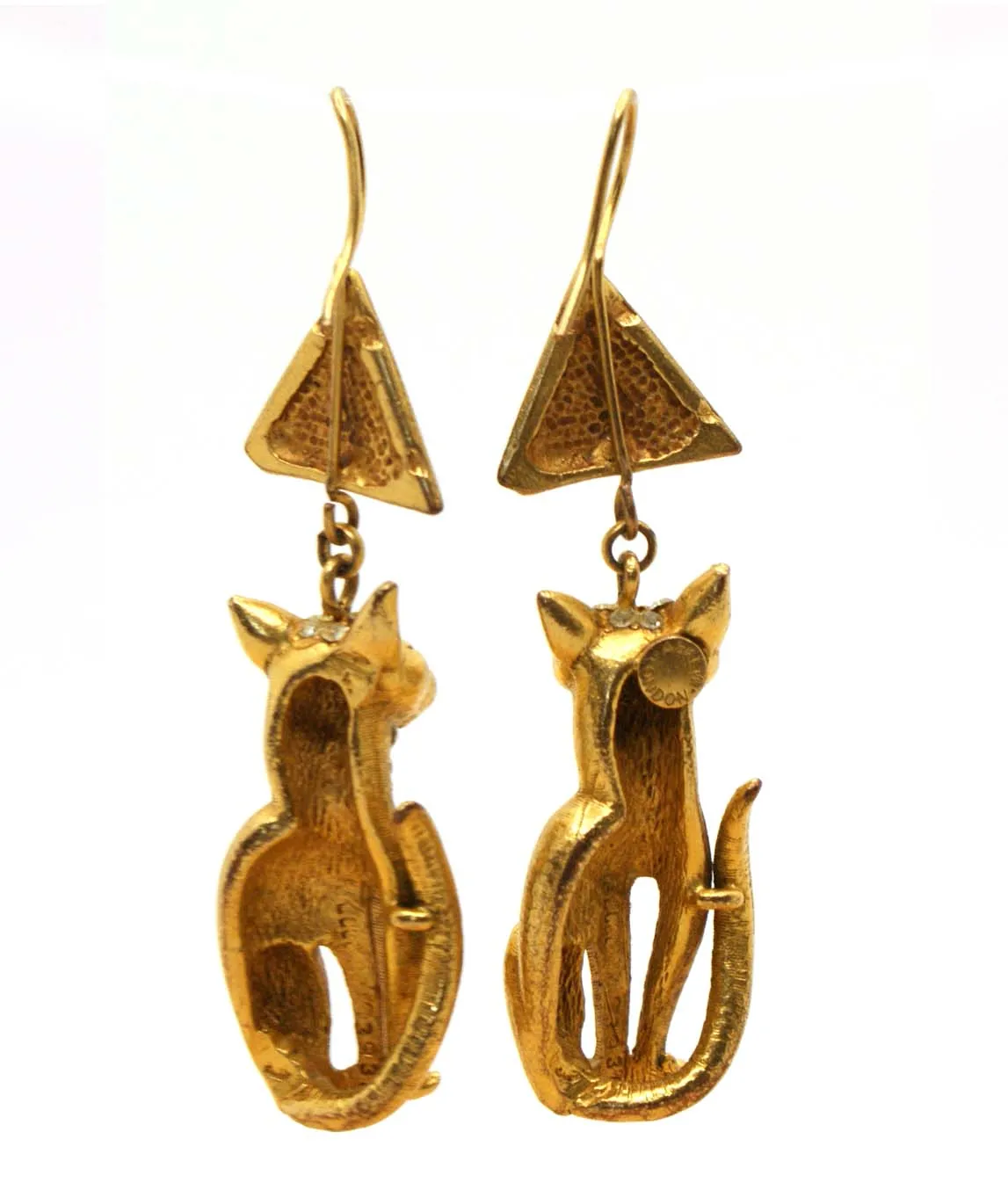 Askew London gold plated Bastet cat earrings for pierced ears reverse view