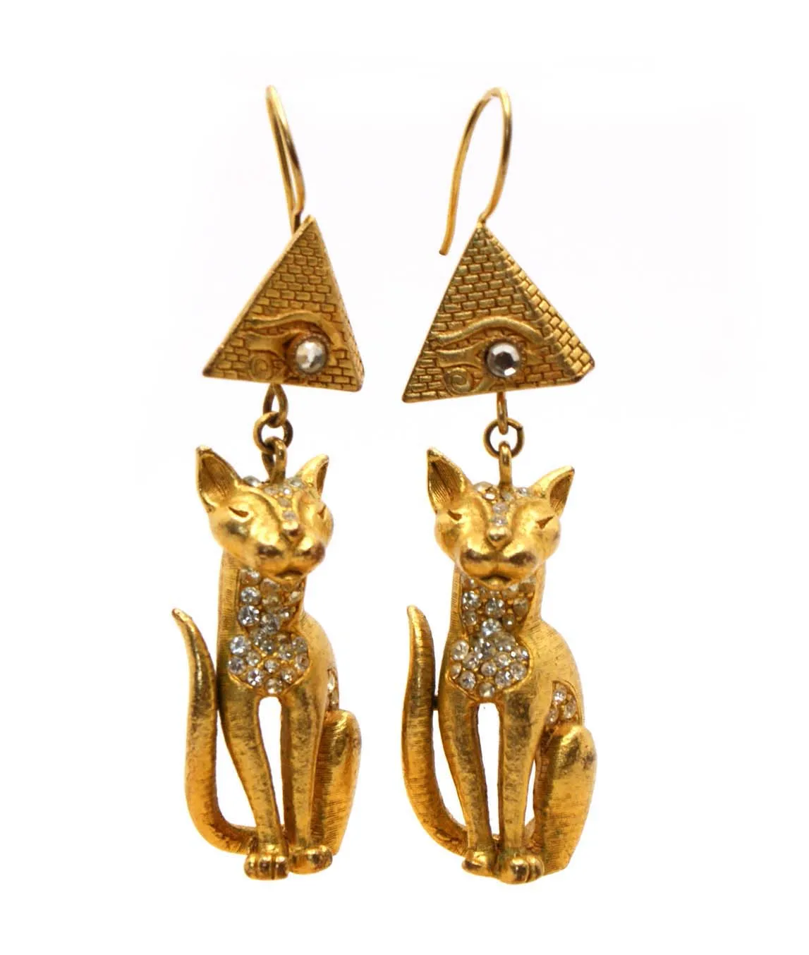 Askew London gold and crystal Bastet cat earrings for pierced ears