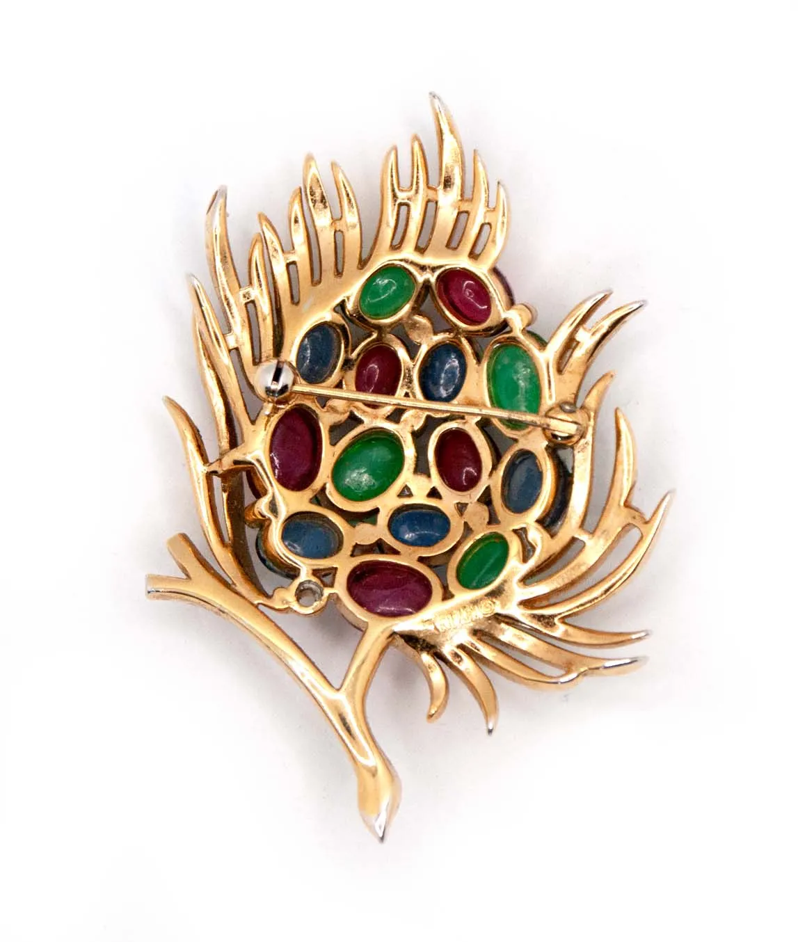 Trifari Jewels of India brooch red blue green and gold back view