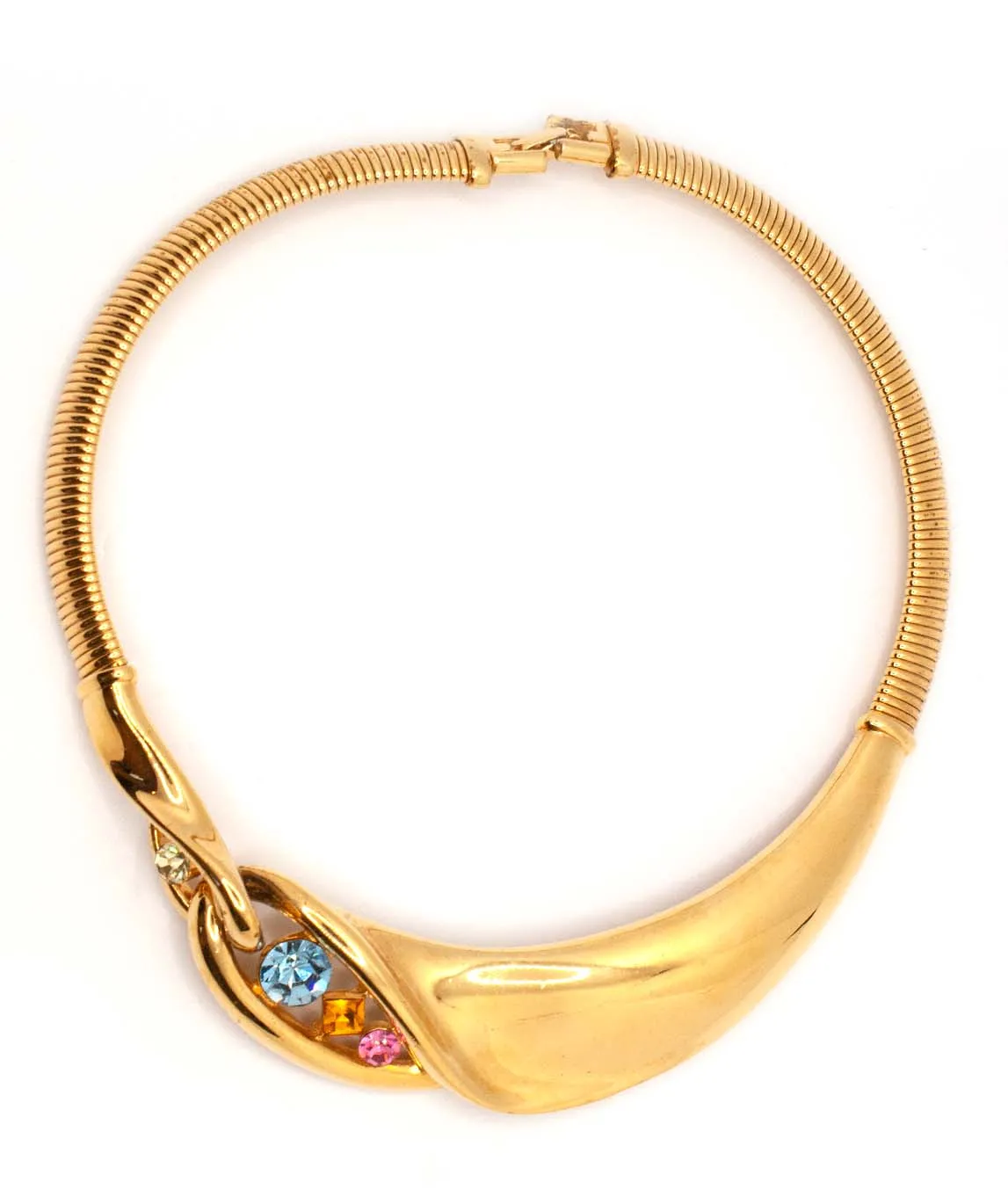 Givenchy gold tone blue pink yellow and green crystal decorated collar necklace top view