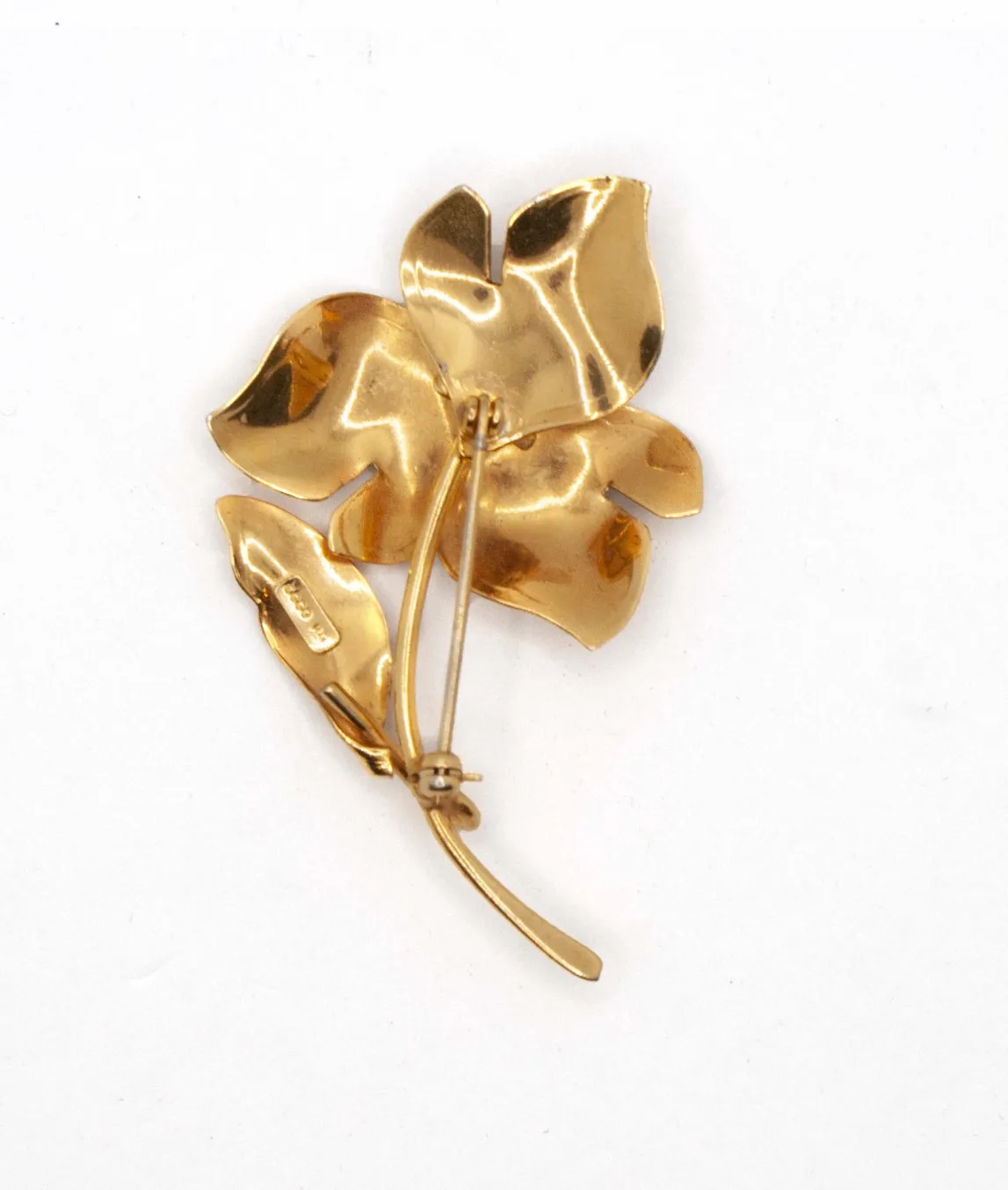 Ecco Rolled Gold Floral Brooch Pin back view with signature panel