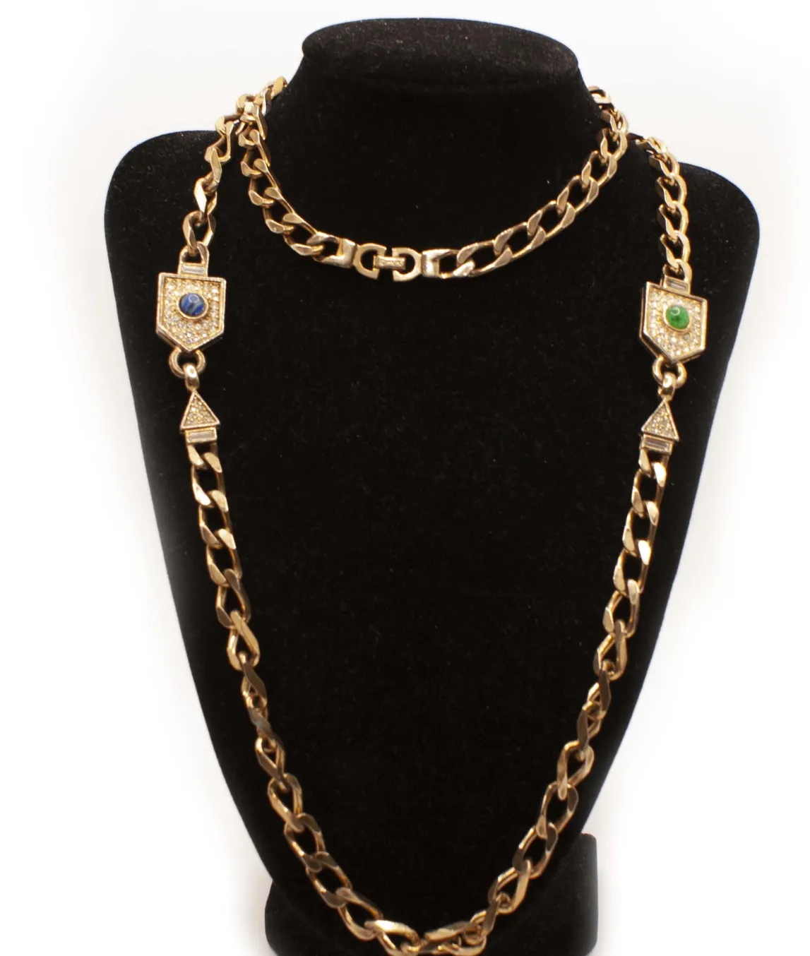 Christian Dior Opera Length Chain with Green and blue glass cabochons