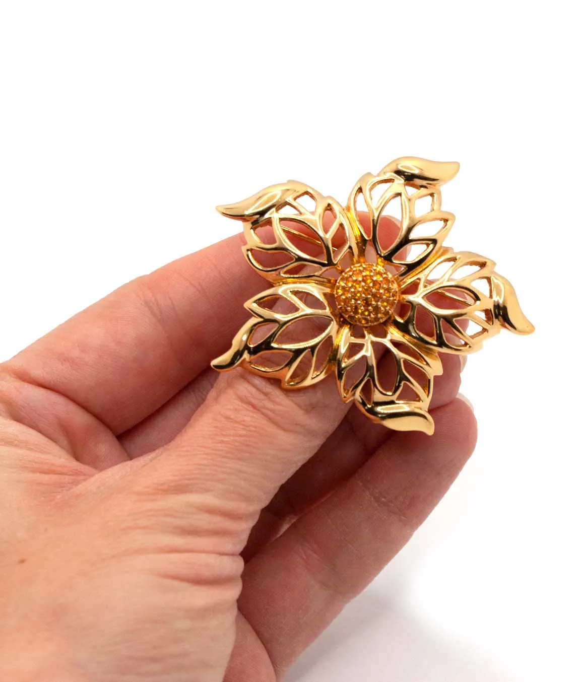 Christian Dior Vintage Orange And Gold Colour Flower Brooch