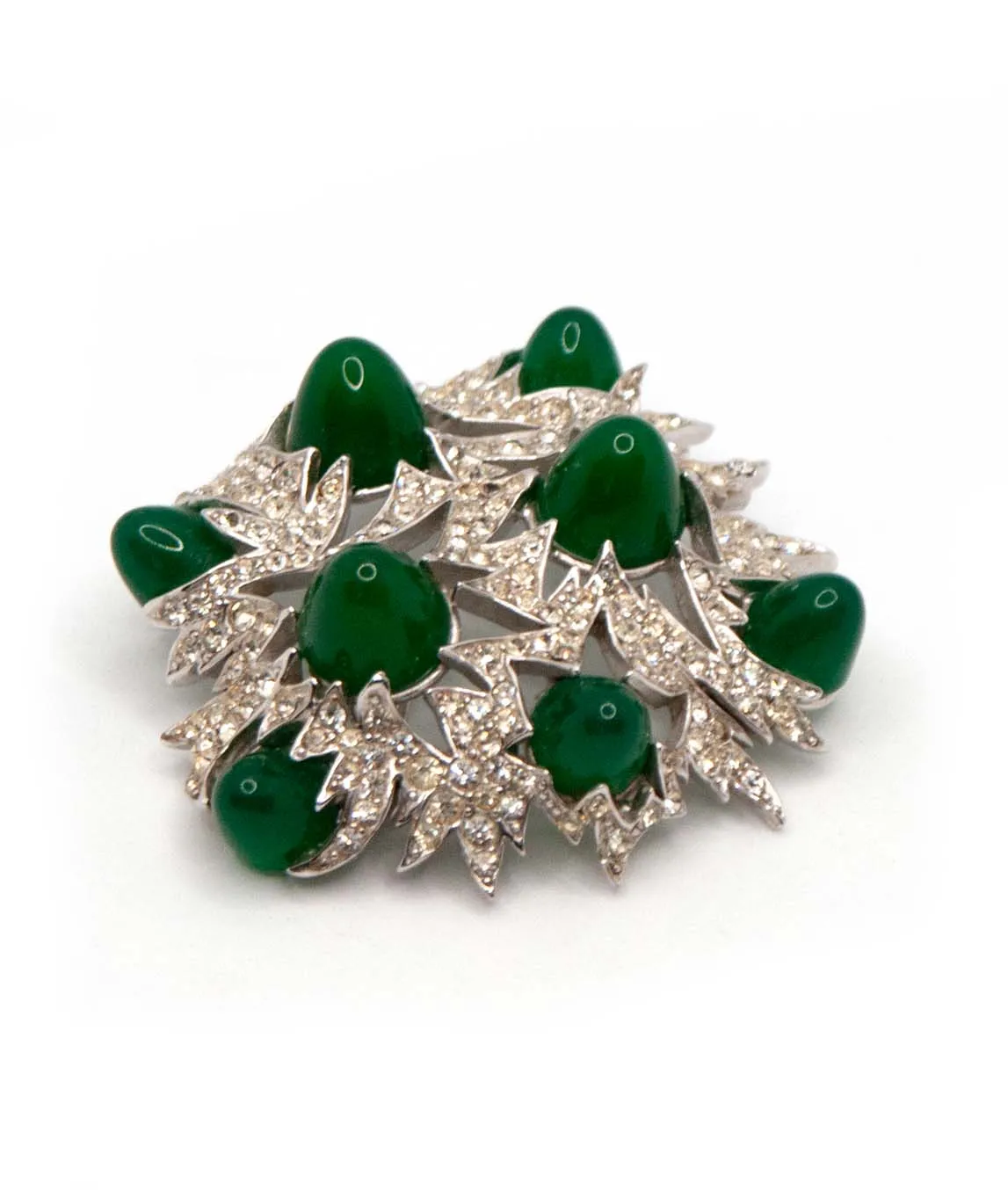 1960s Marcel Boucher brooch with pavé crystals and green bullet glass