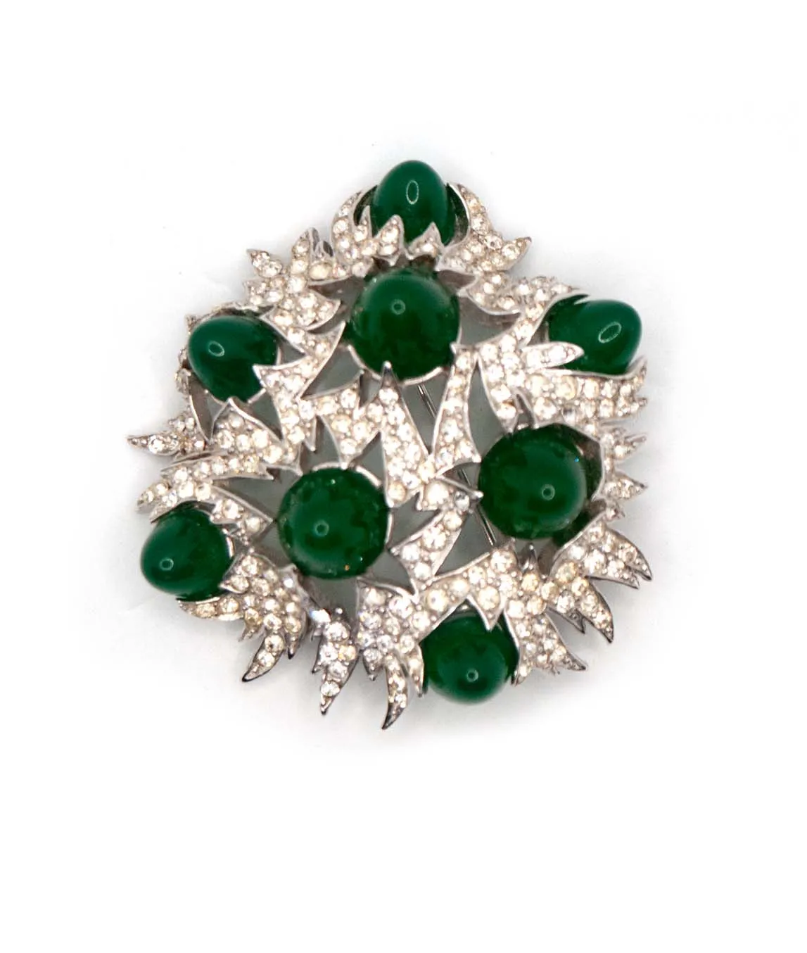 1960s Marcel Boucher brooch with pavé crystals and green bullet glass on silver