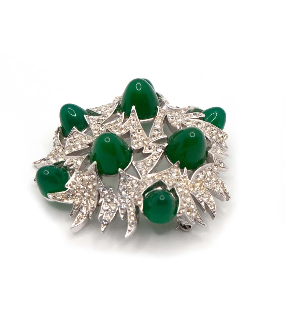 Vintage Marcel Boucher brooch with pavé crystals and green glass cabochons