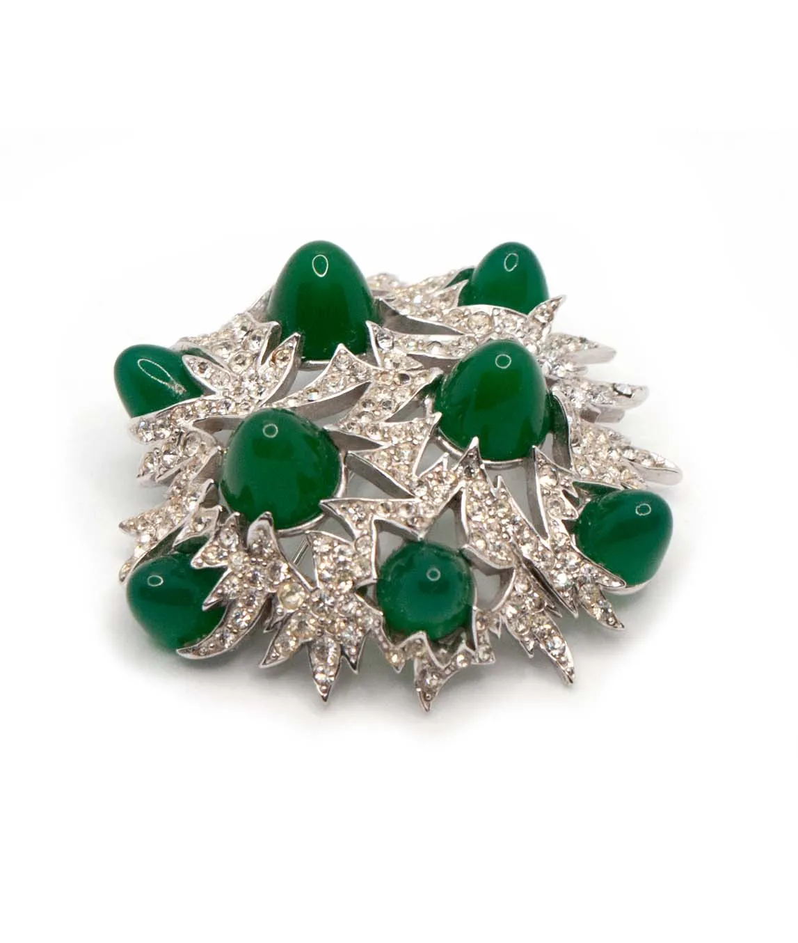 Vintage Marcel Boucher brooch with pavé crystals and green glass cabochons