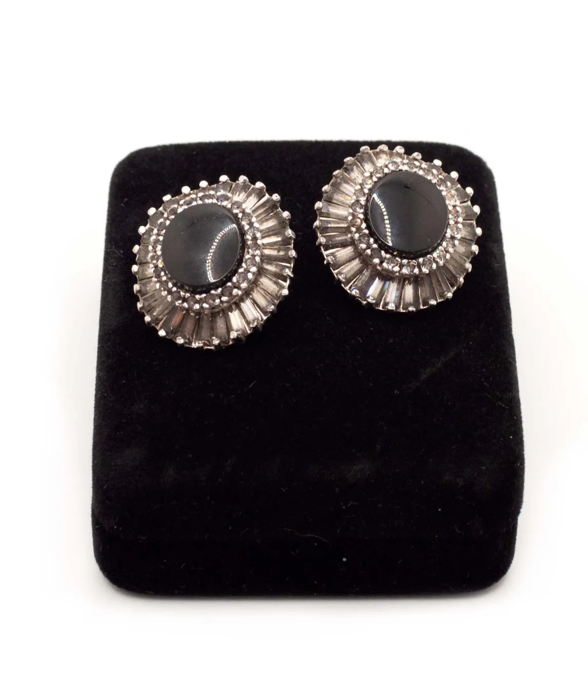 Vintage 1980s Panetta earrings with onyx and baguette crystals on black box