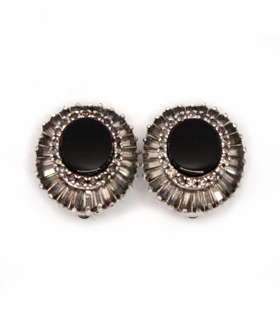 Panetta Onyx and Baguette Crystal Clip on Earrings Gadelles Vintage