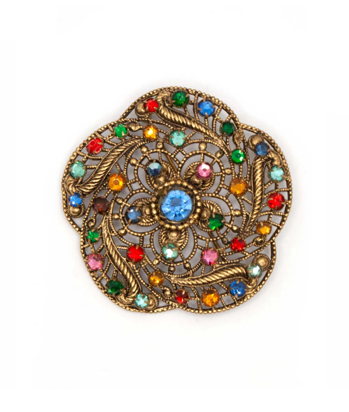 Flower shaped brass and glass Czech brooch