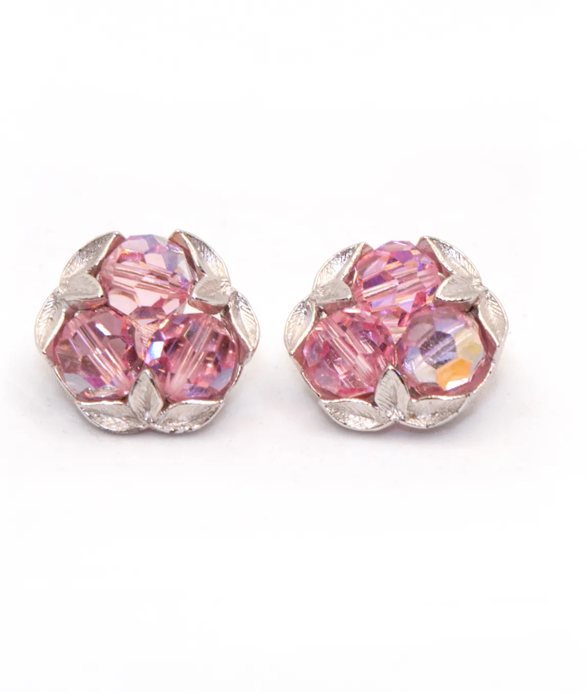 Pink crystal bead vintage earrings by G Sherman in silver metal