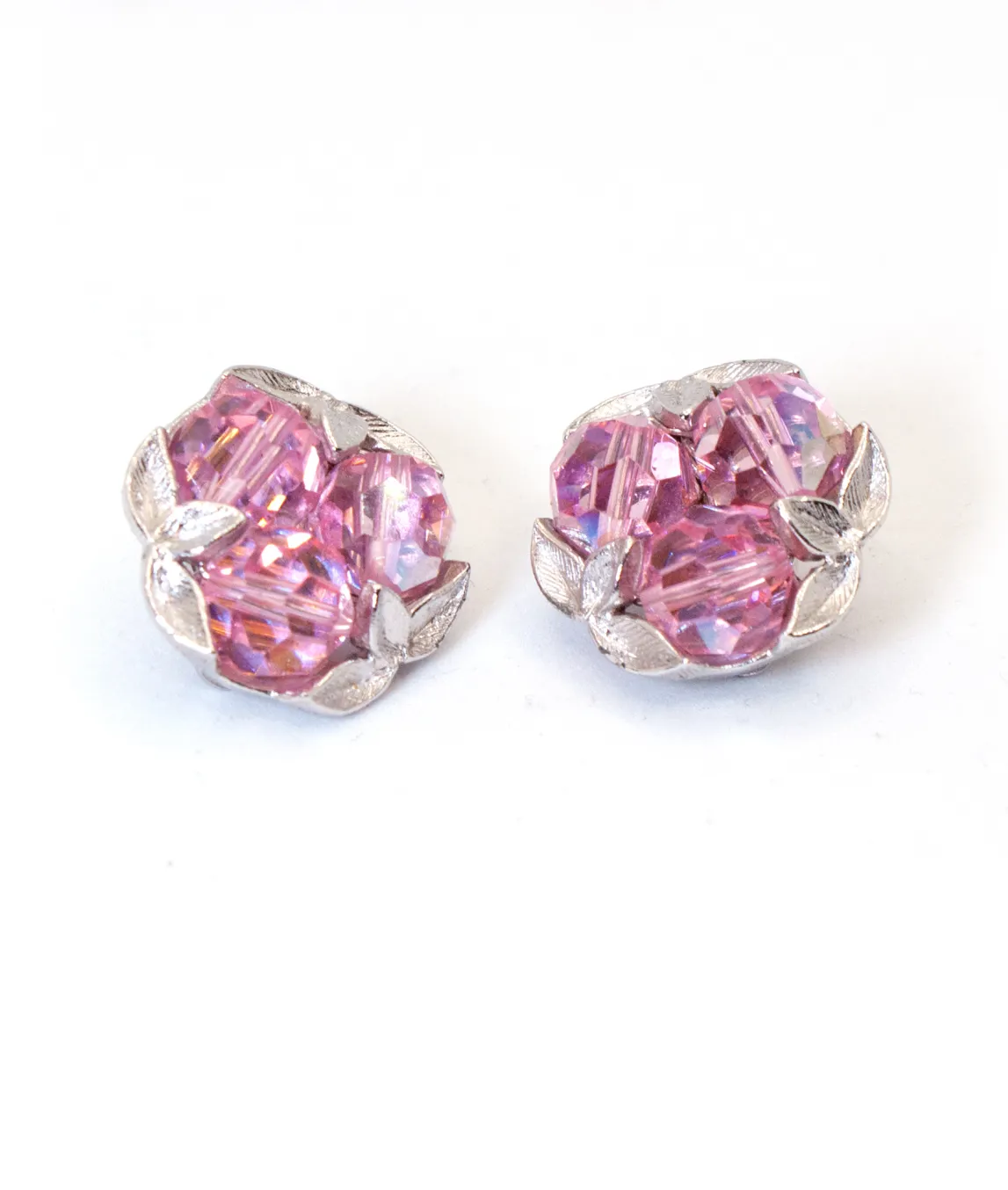 Pink crystal bead vintage earrings by G Sherman in silver metal 1960s