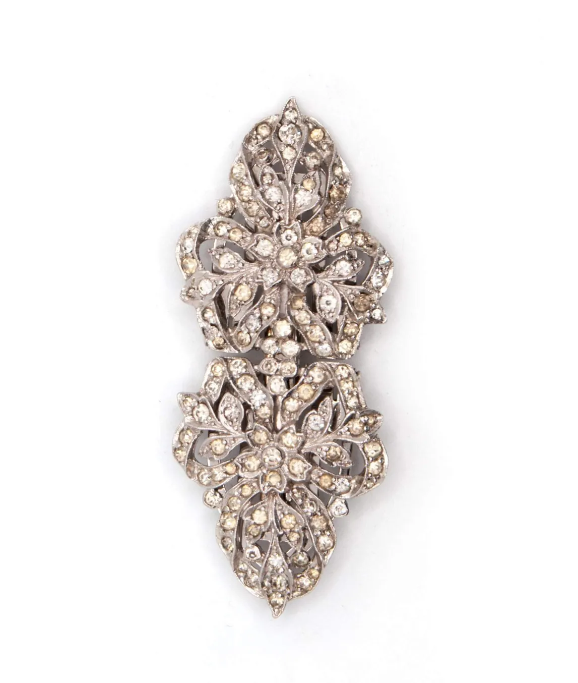 Ciro double clip brooch with floral pattern in clear paste