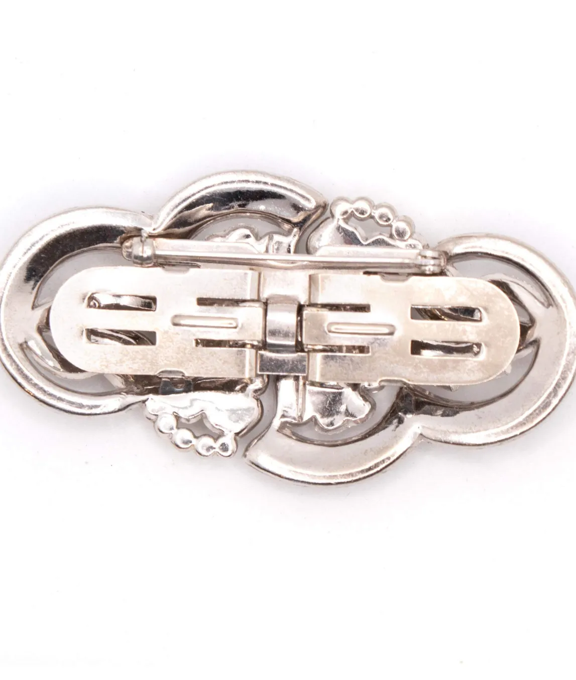 Art Deco Floral Double Clip Brooch back in silver tone metal