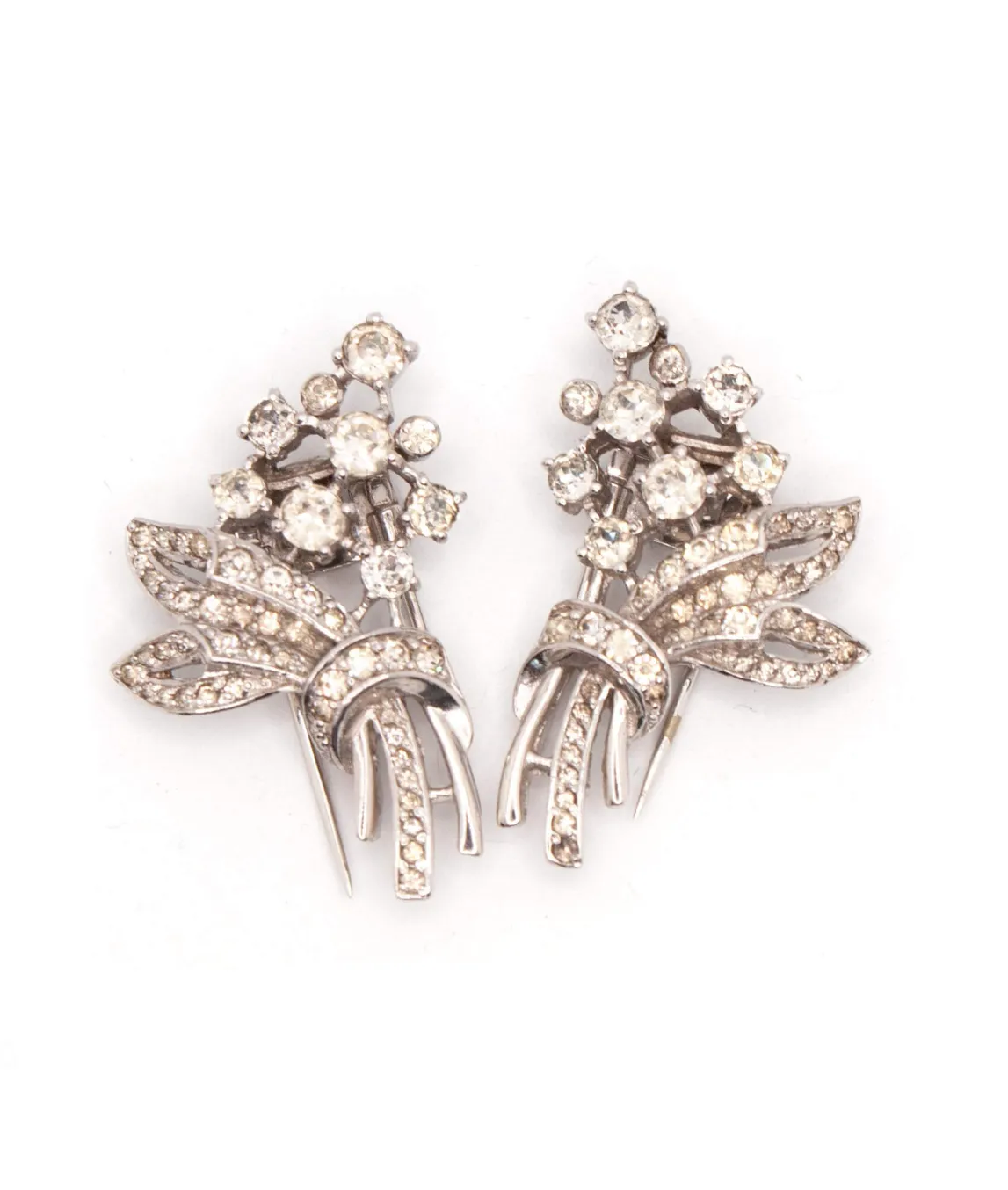 Ciro CP 1930 pair of floral bouquet fur clips rhodium plated metal