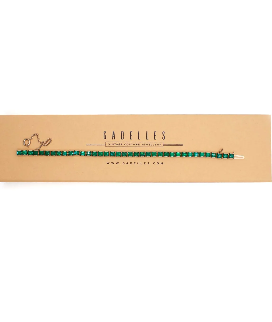 Vintage Weiss emerald green tennis bracelet on Gadelles box