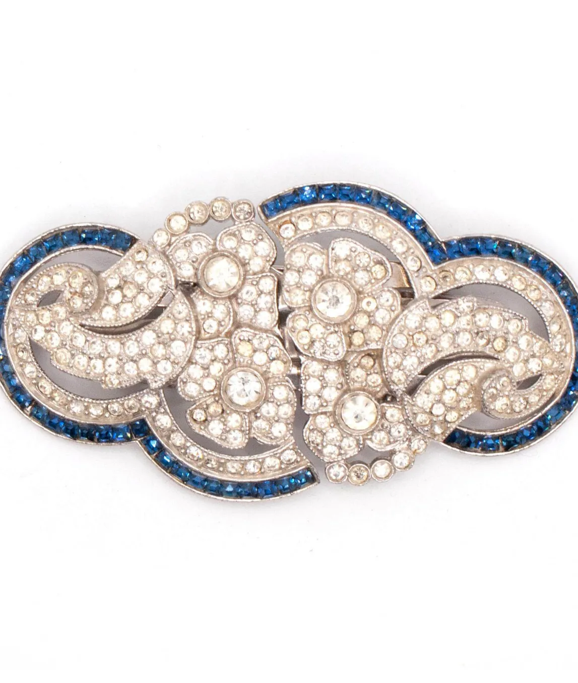 Art Deco Floral Double Clip Brooch with a blue border