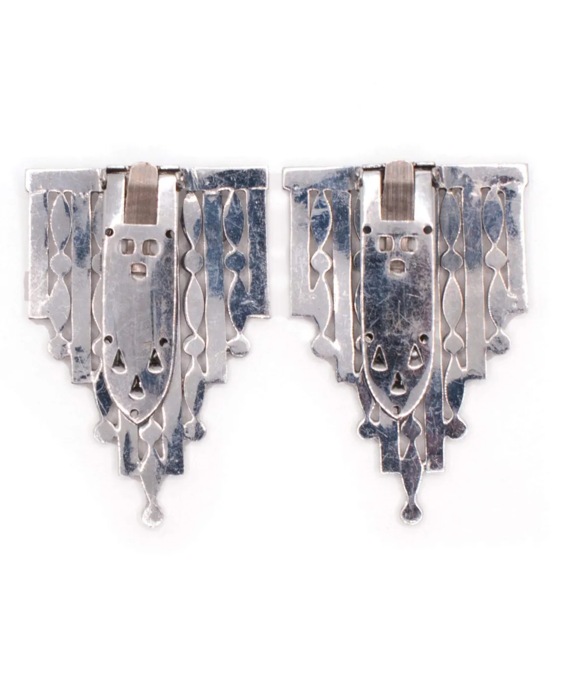 Back of a pair of Art Deco dress clips silver in colour
